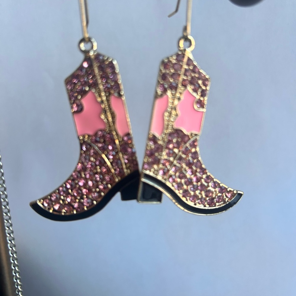 Bling Pink and Gold Boot Earrings
